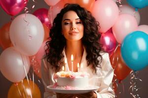 joven cumpleaños mujer participación un pastel con velas en manos en el antecedentes de globos foto