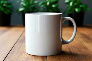 AI generated White mug mockup on wooden table photo