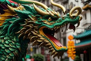 AI generated a close up of a dragon statue on a city street a digital painting photo