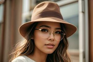 ai generado retrato de joven elegante niña modelo en casual verano ropa en marrón sombrero con natural maquillaje en lentes aislar foto