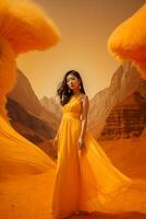 ai generado retrato de hermosa asiático niña vistiendo amarillo vestir en naranja antecedentes foto
