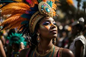 ai generado un mujer en un carnaval disfraz con plumas en su cabeza foto