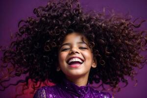 AI generated Joyful girl with curly brown hair dancing on purple background with kissing face expression photo