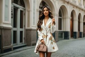 AI generated Gorgeous European brunette girl in trendy white jacket and dress with print posing. holding leather handbag photo