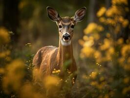 AI Generated roe deer looks into the camera close-up in the forest in the wildlife artiodactyl photo