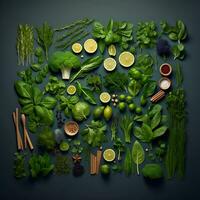 Green background of fruits vegetables and herbs. Live background for photography photo