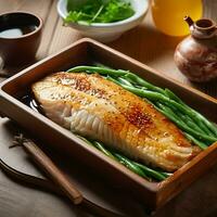 AI Generated Oven-baked white fish with asparagus and beans on a wooden table photo