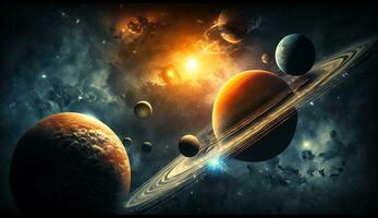 ai generado cósmico paisaje Saturno, Plutón, Marte alrededor el Dom. escombros en espacio foto