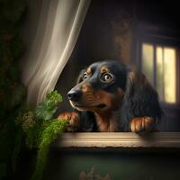 AI Generated a black dachshund peeks out of an open window into the street from the house photo