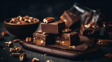 handmade chocolates with nuts on a wooden board on a black background photo