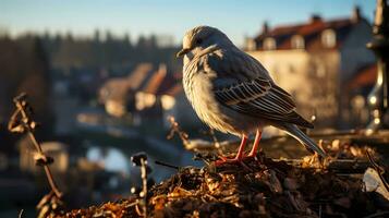 AI Generated Sparrow close-up on the background of the old town Frosty morning rays of the sun photo