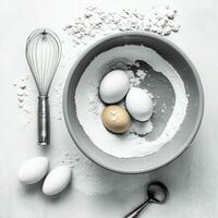 ai generado blanco huevos en un cuenco con harina, batidor en harina en el mesa haciendo un tarta foto