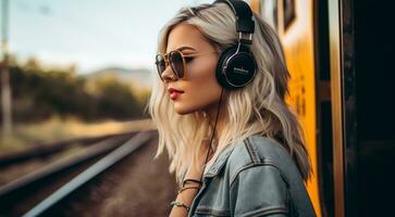 AI generated pretty fashion girl on abstract background with headphones, girl listening to music with headphones, fashion girl on abstract background photo