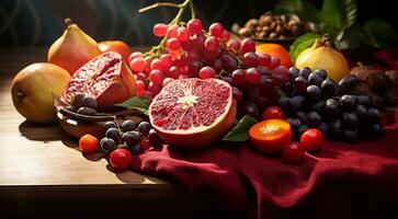 AI generated delicious colored fruits on colored background, wallpaper of fruits, sliced fruits on abstract background, fruits background photo