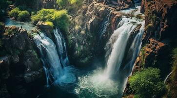 AI generated waterfall in the mountains, waterfall in the forest, waterfall scene, waterfall and rocks photo