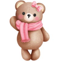 adorável aguarela namorados fofa bebê Urso de pelúcia Urso dentro Rosa cachecol e arco ilustração. png