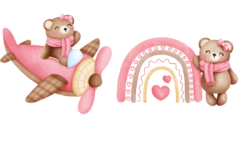 uppsättning av vattenfärg rosa bebis teddy Björn flugor på flygplan och boho regnbåge illustration.nursery djur- ClipArt. png