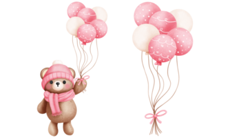 Set of watercolor pink teddy bear with balloons illustration.Valentines animal clipart. png