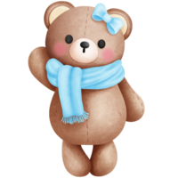 Adorable cute baby girl teddy bear in blue scarf and bow illustration.Watercolor animal clipart. png