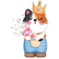 Watercolor cute baby calico cat with confetti and crown illustration. png