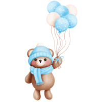 Watercolor teddy bear with balloons illustration.Winter animal clipart. png
