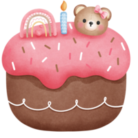 Watercolor strawberry birthday cake clipart.Birthday cake with cute baby teddy bear illustration. png