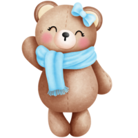 Cheerful watercolor cute baby teddy bear in blue scarf and bow illustration. png