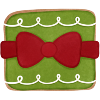 main tiré aquarelle biscuit avec vert cadeau boîte et rouge ruban arc clipart. aquarelle Noël biscuit illustration. png