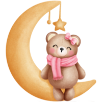 Adorable watercolor cute baby girl teddy bear in pink scarf and bow sitting on crescent moon illustration. png