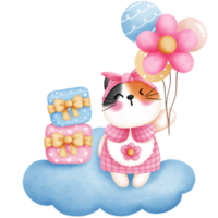 mignonne bébé calicot chat séance sur nuage avec coloré des ballons une cadeaux illustration.anniversaire fête décoration. png