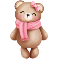 Watercolor valentine baby teddy bear in pink scarf and bow illustration.Cute baby teddy bear watercolor clipart. png