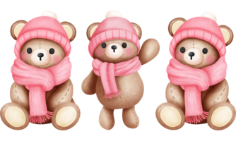 Set of watercolor happy baby boy teddy bear in pink scarf and beanie hat illustration.Valentines animals clipart. png
