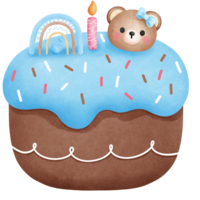 Watercolor birthday cake clipart.Birthday cake with cute baby teddy bear illustration. png