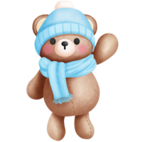 Watercolor happy baby boy teddy bear in blue scarf and beanie hat illustration. png