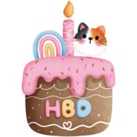 Watercolor birthday cake clipart.Birthday cake with strawberry cream and cute calico cat illustration. png