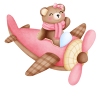 Watercolor pink baby teddy bear flies on airplane illustration.Nursery animal clipart. png