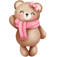 Cheerful watercolor valentine cute baby teddy bear in pink scarf and bow illustration. png