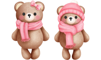 Set of watercolor valentine teddy bear couple illustration.Valentine animal couple clipart. png