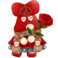 Adorable watercolor red valentine gnome girl clipart with red rose flower.Gnome lover clipart. png