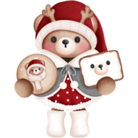 Cheerful watercolor christmas teddy bear in festive outfits and antlers with christmas cookies clipart. png