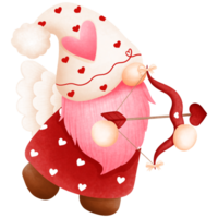 Whimsical pink valentine gnome boy illustration with red bow and arrow.Cupid gnome clipart. png