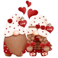 Adorable watercolor valentine gnome couple with red hearts for festive love decoration.Romantic red gnomes clipart. png