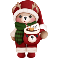 Watercolor christmas baby teddy bear in colorful outfits and antlers with christmas dessert. png