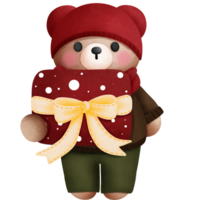 Watercolor teddy bear in christmas outfits with gift box clipart.Woodland animal watercolor clipart. png