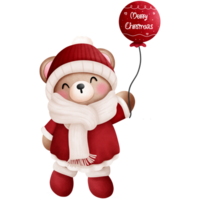 Watercolor christmas teddy bear in red santa hat and scarf with balloon clipart. png