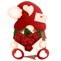 Adorable watercolor red valentine gnome boy sitting with red roses love letter.Gnome lover clipart. png