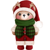 Watercolor christmas baby teddy bear in colorful outfits and antlers.Holiday animal watercolor clipart. png