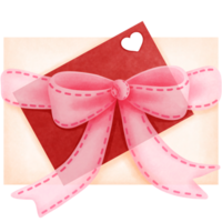 Watercolor valentines day gift box with red love letter and pink bow ribbon clipart. png