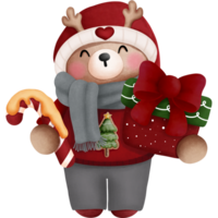 Watercolor cute christmas teddy bear in winter outfits and antlers with gift box and candy cane. png