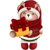 Cheerful watercolor christmas teddy bear in santa hat and festive outfits with gift box.Whimsical holiday animal clipart. png